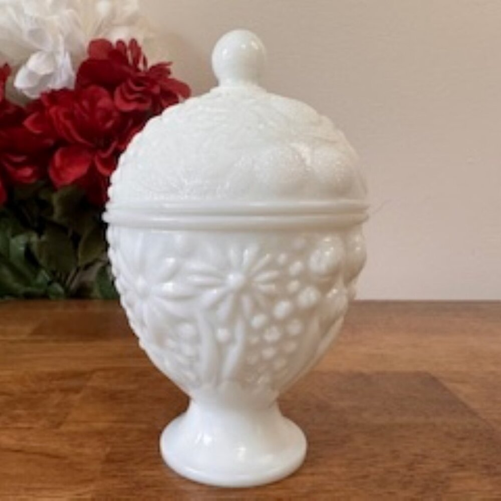 Avon Milk Glass Lidded Candy Dish Pedestal Jar‎ Embossed Fruit Floral Vintage